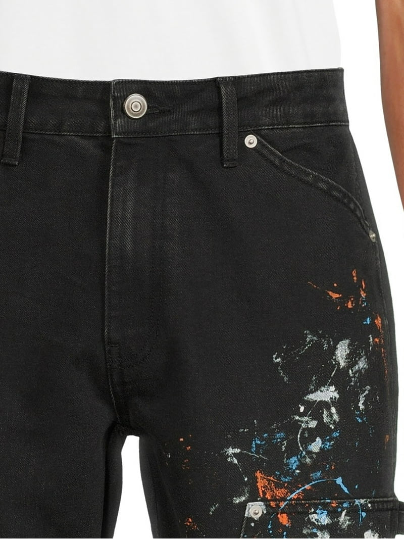No Boundries Artistic Black Canvas Carpenter Pants with Vibrant Splashes