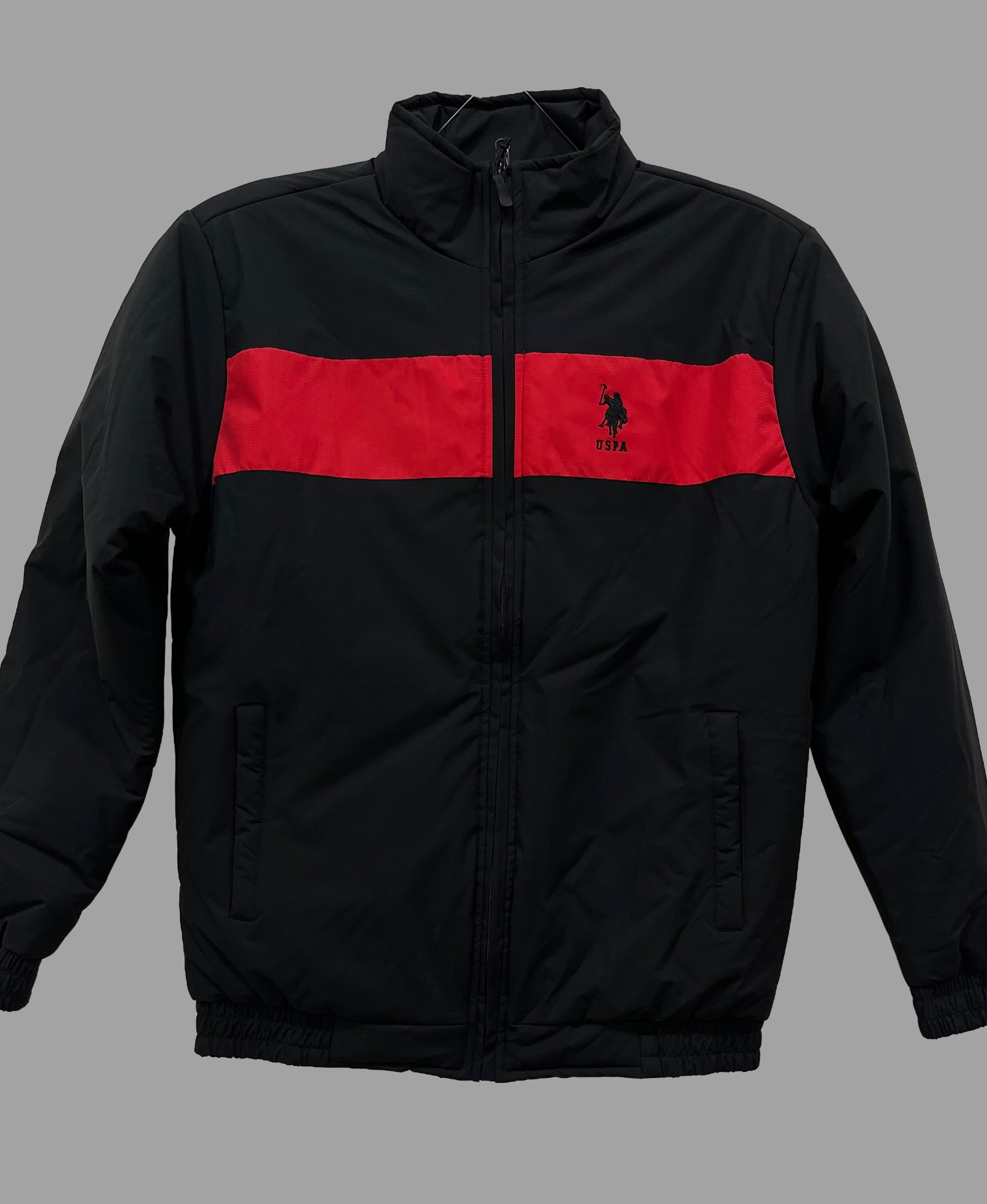 USPA Sleek Black & Crimson Striped Puffer Jacket
