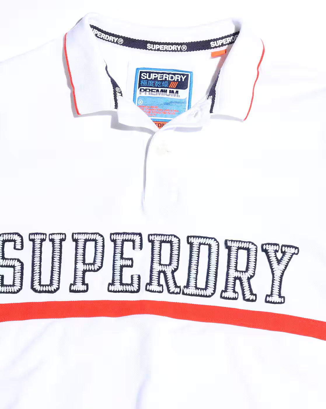 Superdry Premium Pique Polo in Crisp White with Bold Navy and Fiery Red Accents