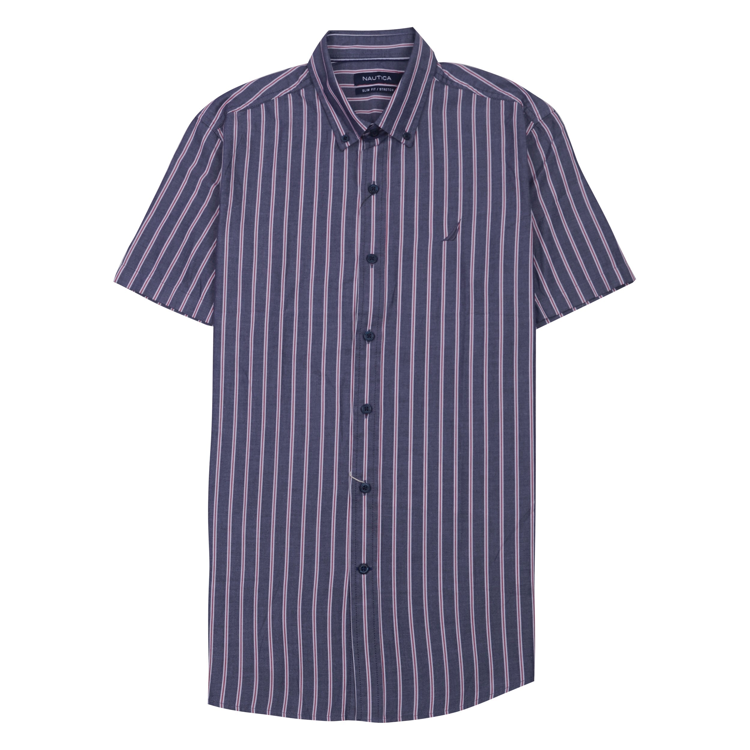 NAUTICA Prismatic Indigo Tailored Fit Short Sleeve Striped Shirt