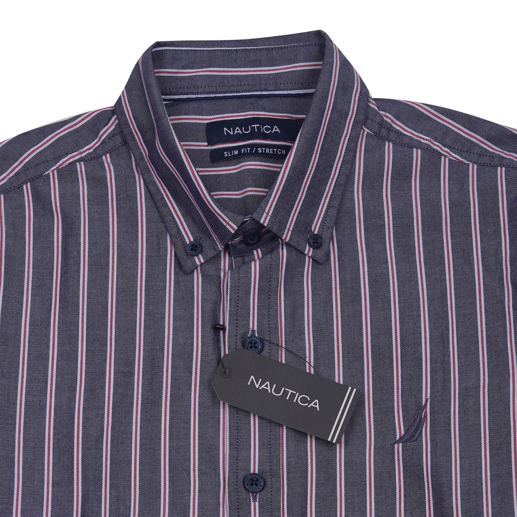 NAUTICA Prismatic Indigo Tailored Fit Short Sleeve Striped Shirt