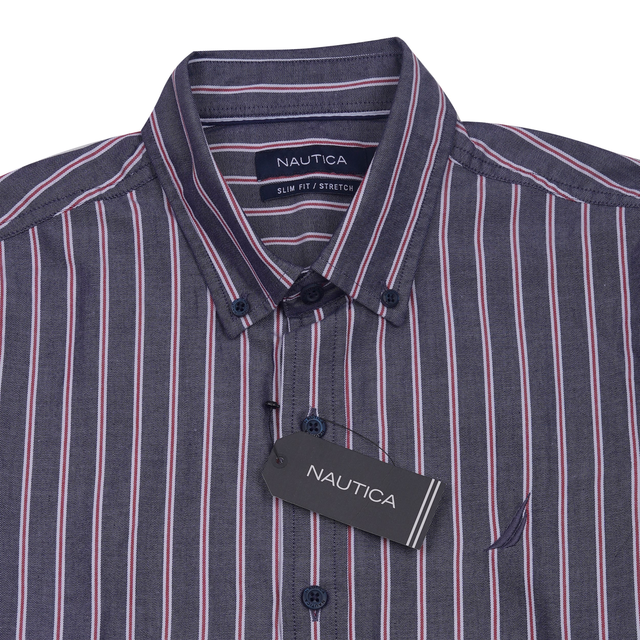 NAUTICA Prismatic Indigo Tailored Fit Short Sleeve Striped Shirt