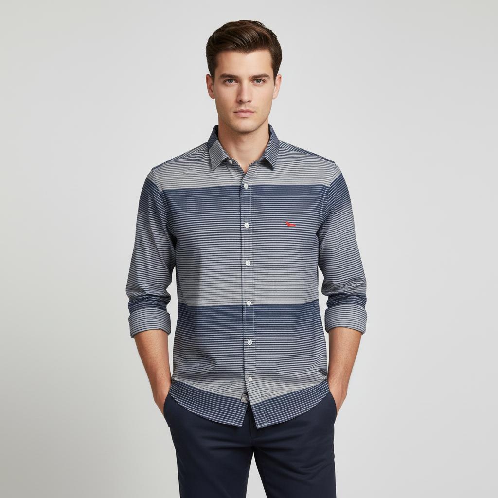 harmont&blaine Striped Elegance Shirt in Nautical Blue & Silver - front view