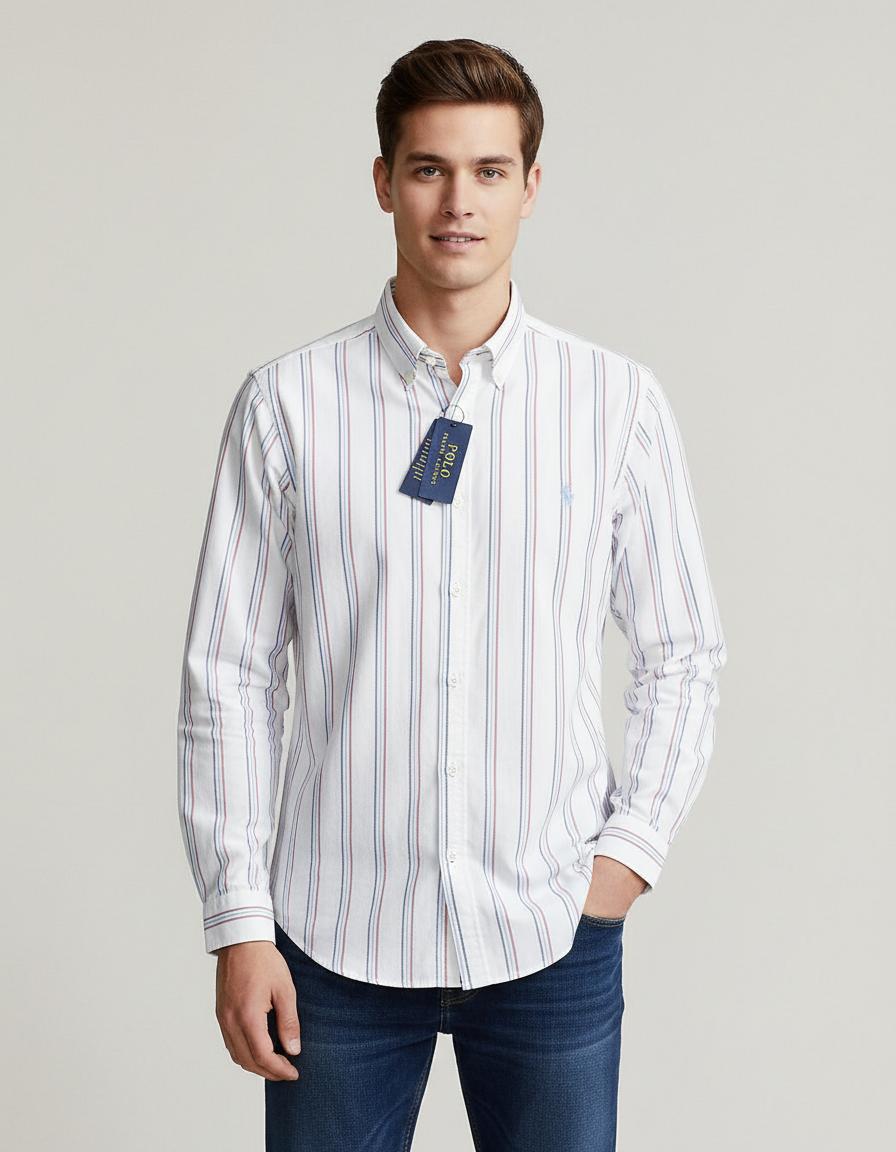 Polo Ralph Lauren Custom Fit Striped Elegance Shirt in Crisp White & Nautical Stripes - front view