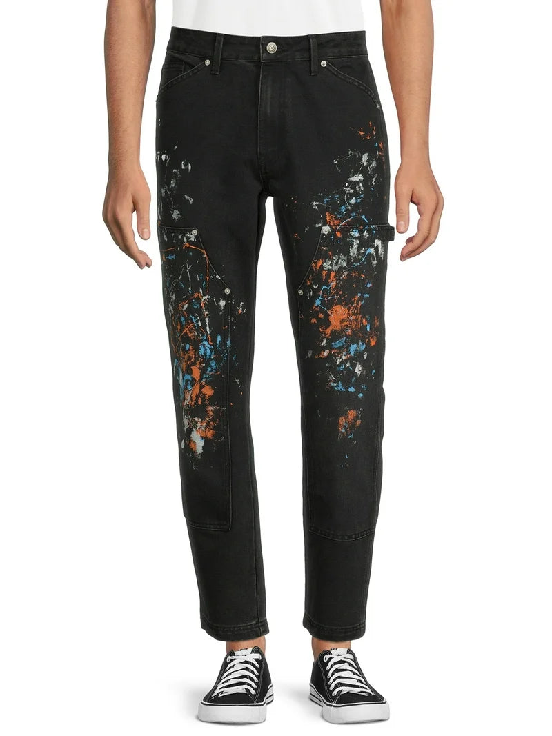 No Boundries Artistic Black Canvas Carpenter Pants with Vibrant Splashes