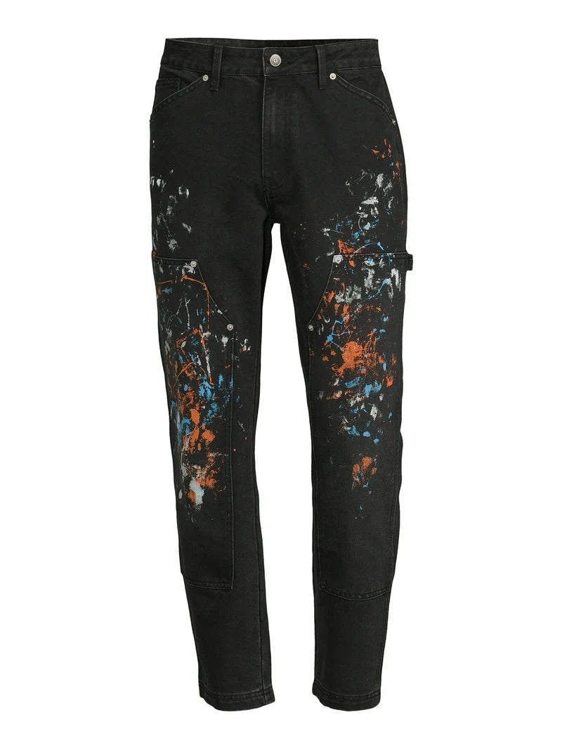 No Boundries Artistic Black Canvas Carpenter Pants with Vibrant Splashes