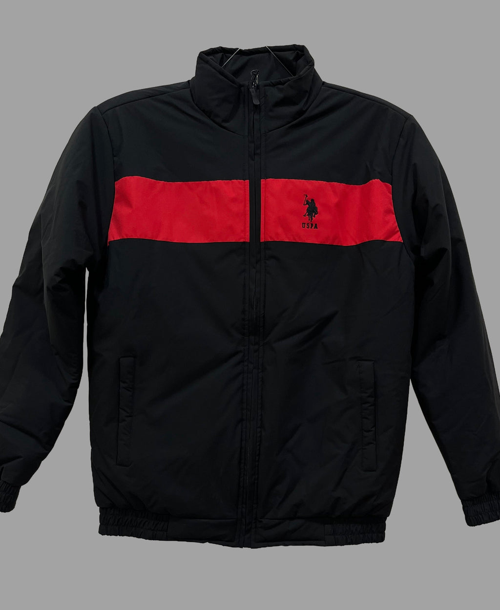 USPA Sleek Black & Crimson Striped Puffer Jacket