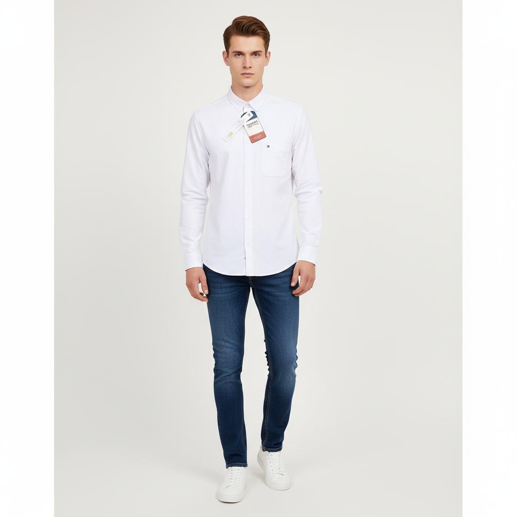 Tommy Jeans Crisp Cotton Slim Fit Shirt in Pure White Elegance - front view