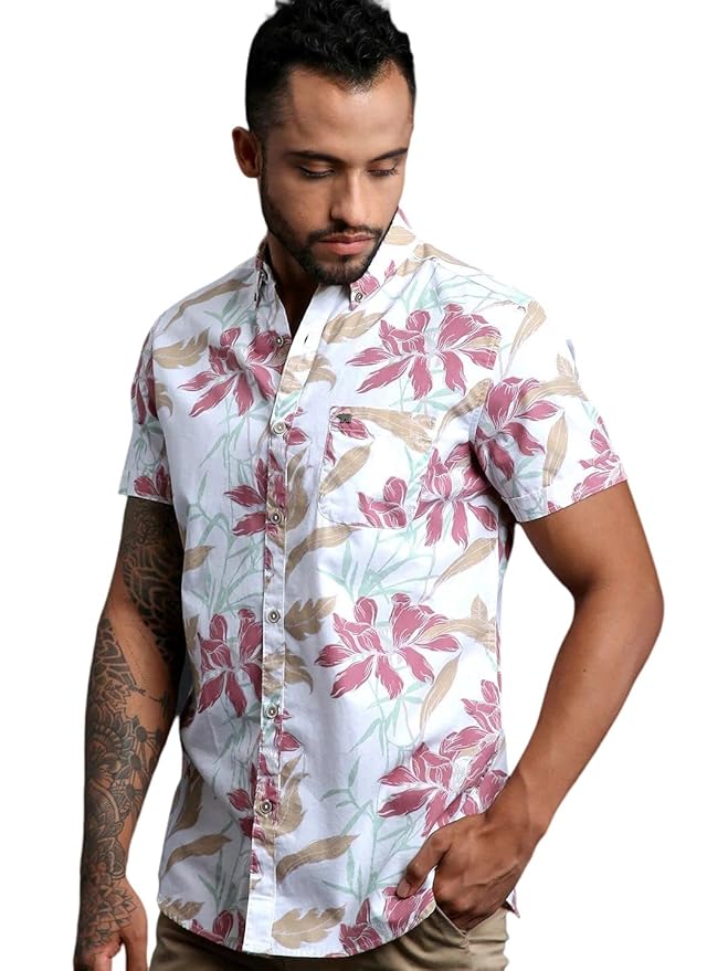 THE BEAR HOUSE Tropical Blossom Short-Sleeve Shirt in Whispering White