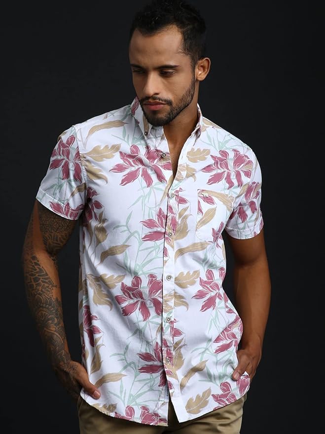 THE BEAR HOUSE Tropical Blossom Short-Sleeve Shirt in Whispering White