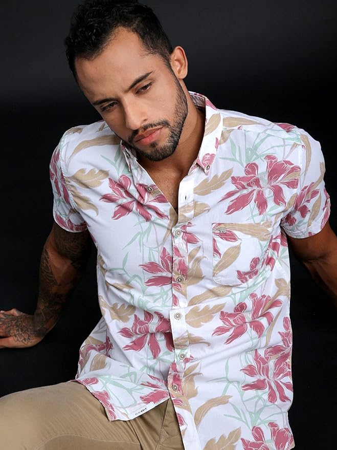THE BEAR HOUSE Tropical Blossom Short-Sleeve Shirt in Whispering White