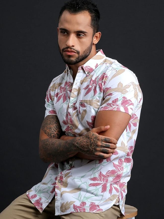 THE BEAR HOUSE Tropical Blossom Short-Sleeve Shirt in Whispering White