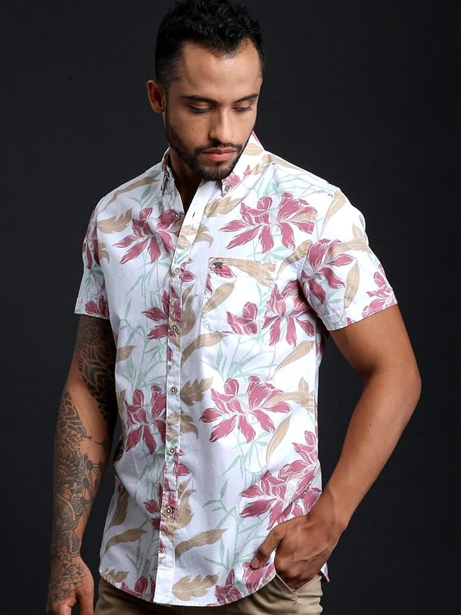THE BEAR HOUSE Tropical Blossom Short-Sleeve Shirt in Whispering White