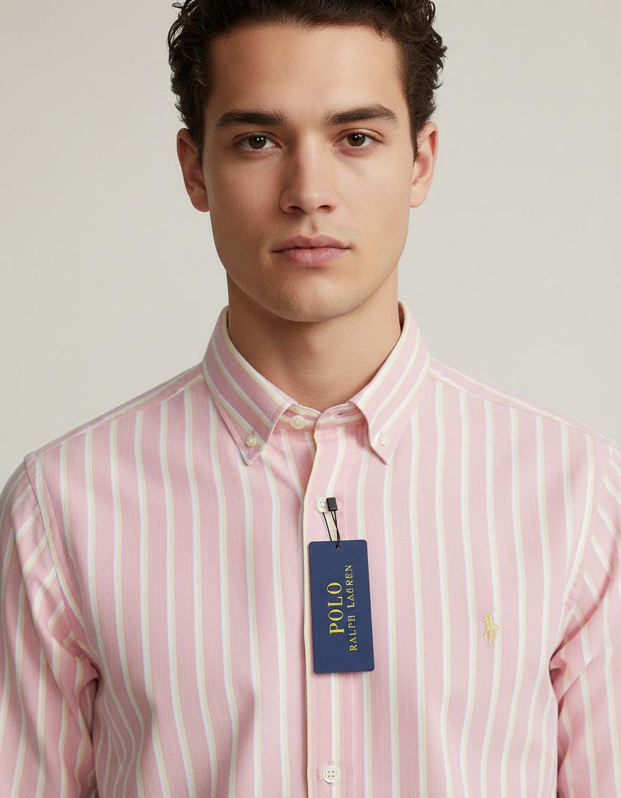 Polo Ralph Lauren Custom Fit Striped Shirt in Blushing Pink Sorbet - zoomed view